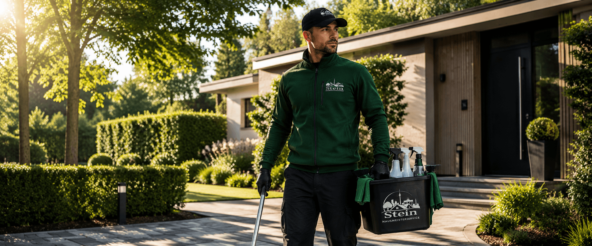 Mitarbeiter von Stein Hausmeisterservice vor einem modernen Haus in Berlin